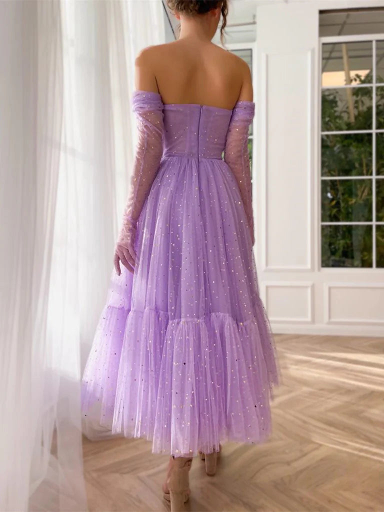 Robe de bal ajustée sans bretelles, épaules dénudées, longueur cheville, avec gants